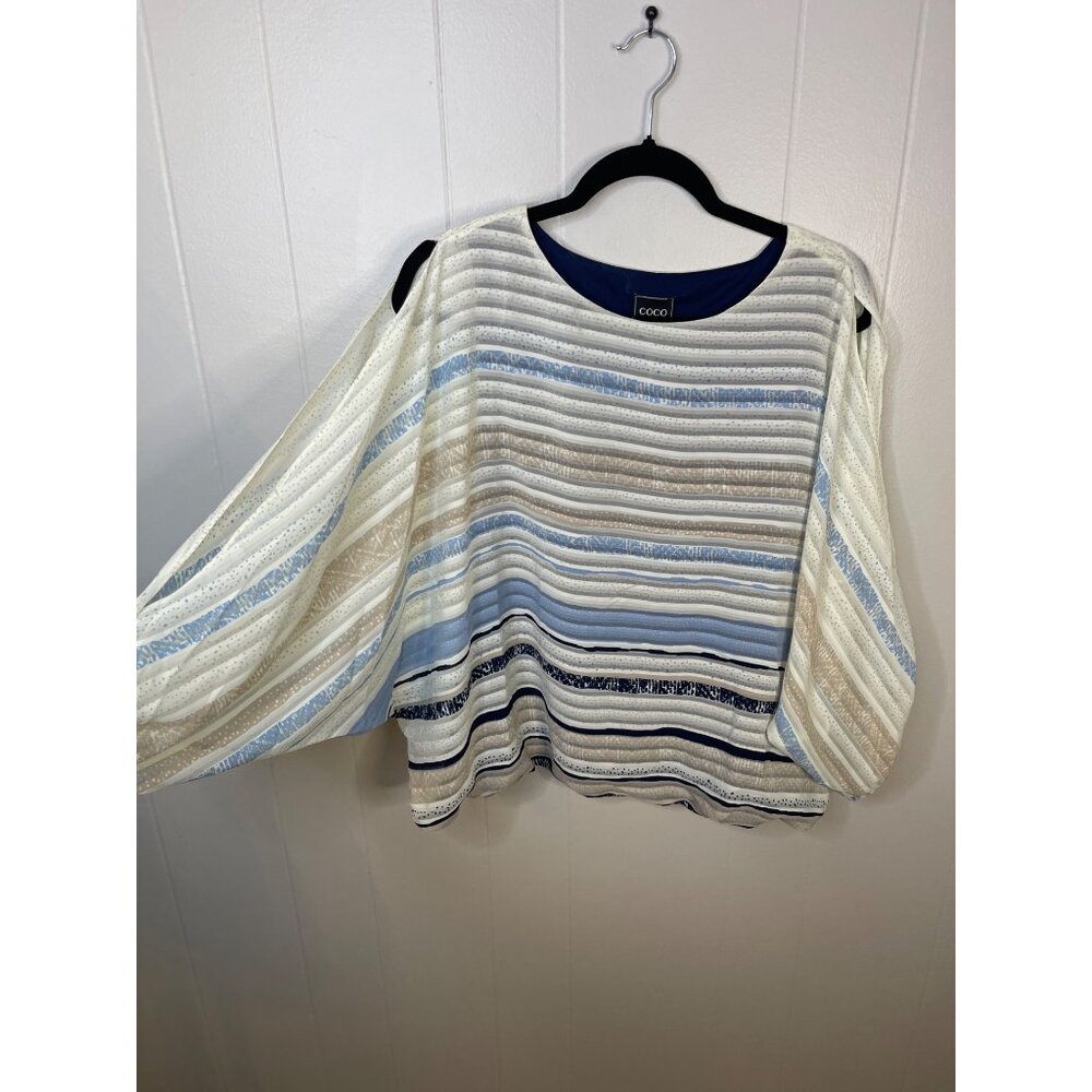 Coco Bianco Womens Medium Striped Lightweight Top With Cut-Out Sleeves & Crew Ne